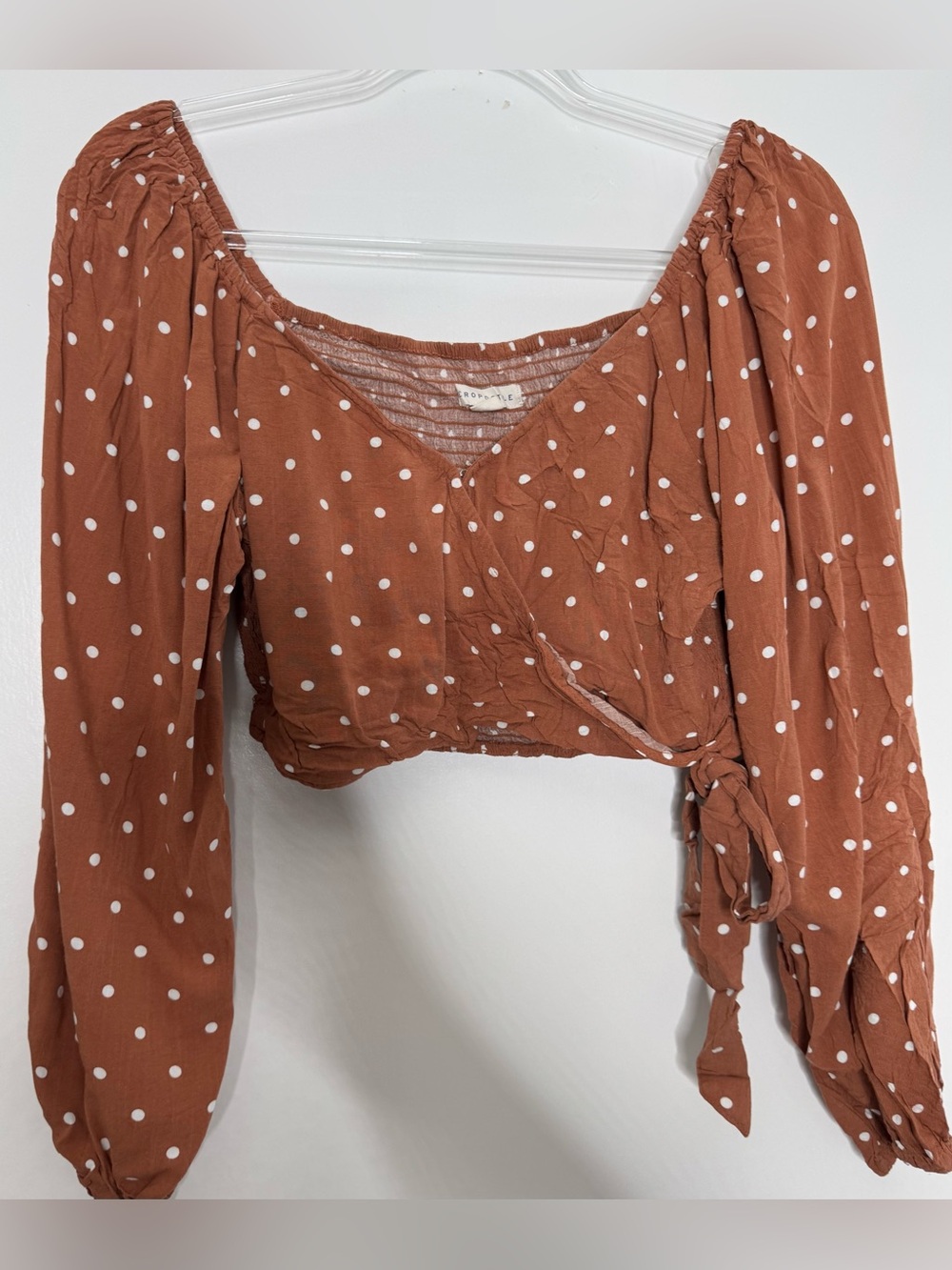 Aeropostale Rust Polka Dot Wrap Crop Top size large long sleeve